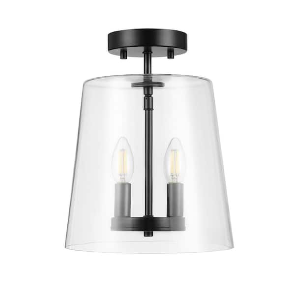 Globe Electric 10 In. 2-Light Matte Black Contemporary Semi-Flush Mount with Clear Glass Shade and No Bulbs Included