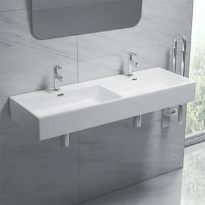 48 in. Turner Crisp White Vitreous China Rectangular Trough Vessel Sink/Wall-Mount Sink with Faucet Hole and Overflow