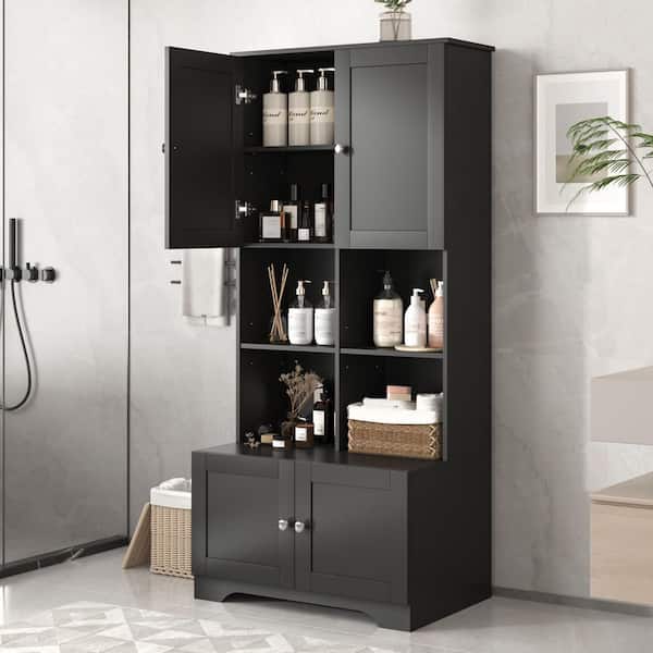 Unbranded 31 in. W x 12 in. D x 67 in. H Black MDF Freestanding Linen Cabinet with Adjustable Shelves