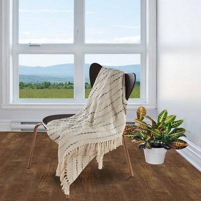 Cream and Blue Cotton Reversible Throw Blanket, 50" x 60"
