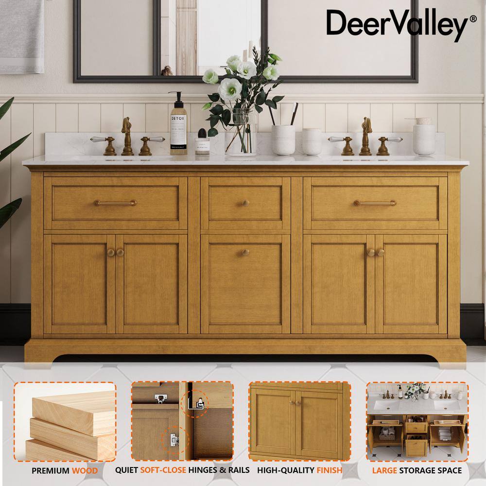 72" Walnut Freestanding Double Bathroom Vanity with Marble Top
