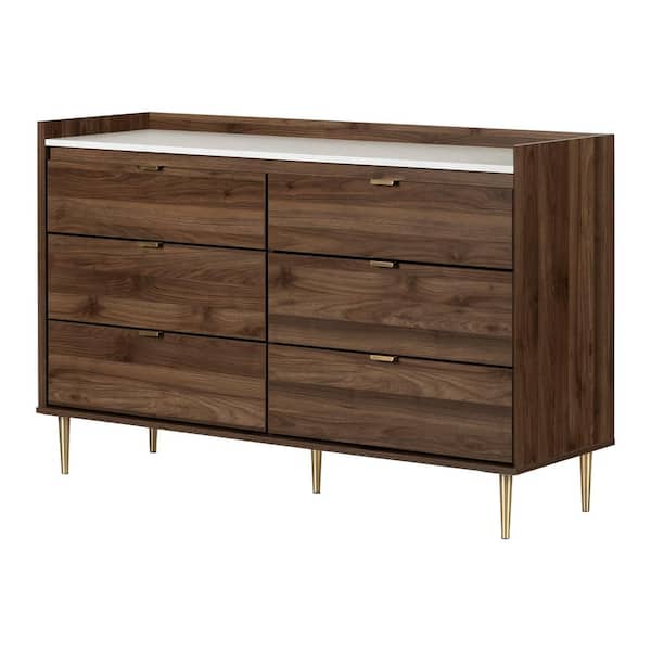 South Shore Hype 6-Drawer Natural Walnut and Carrara Marble Double Dresser 36 in. H x 57 in. W x 18 in. D