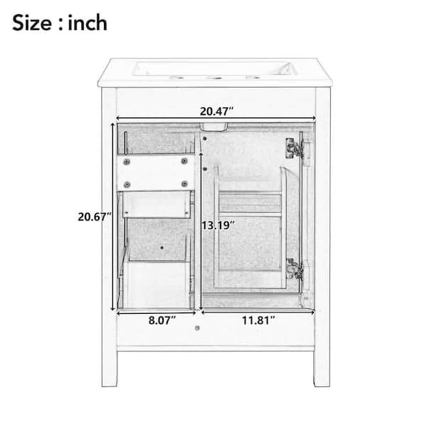 24 in. W Single Sink Bath Vanity in White with White Ceramic Top, 2-Drawers and Double Storage Racks