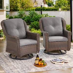 Brown Swivel Glider Wicker Outdoor Rocking Chair with Gray Cushions and Chrysanthemum Armrest (2-Pack)