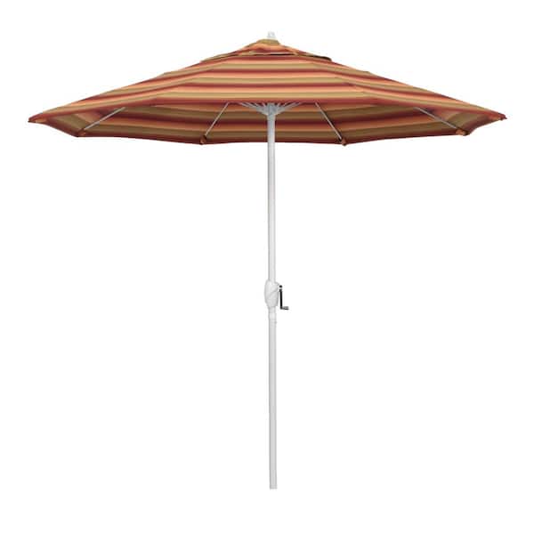 California Umbrella 9 ft. Matted White Aluminum Market Patio Umbrella Fiberglass Ribs and Auto Tilt in Astoria Sunset Sunbrella