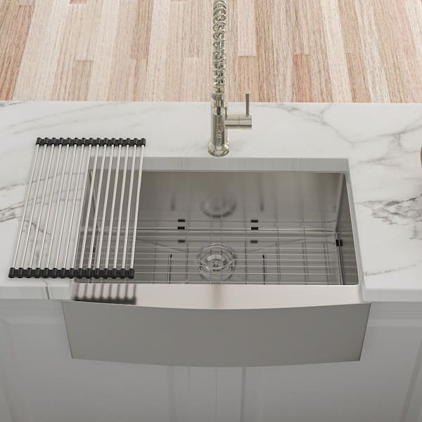 27 in. in Farmhouse Apron Front Single Bowl 16-Gauge Brushed Nickel Stainless Steel Kitchen Sink with Bottom Grids