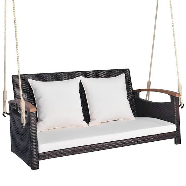 ANGELES HOME 2-Person Metal PE Wicker Porch Swing Hanging Chair with Cushions, 800 lbs Max Load