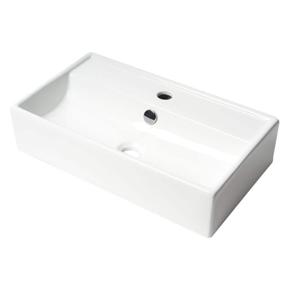 White Ceramic Rectangular Wall-Mounted Bathroom Sink with Overflow