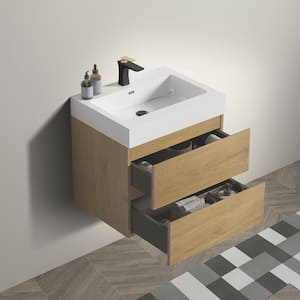 24 in. Single Sink Wall Mounted Natural Oak Bath Vanity with White Solid Surface Top Unassembled