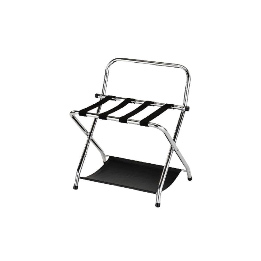 Chrome Folding Luggage Rack with Black Nylon Straps and Storage Shelf