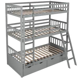 Gray Twin Size Adjustable Triple Bunk Bed with 2-Drawers