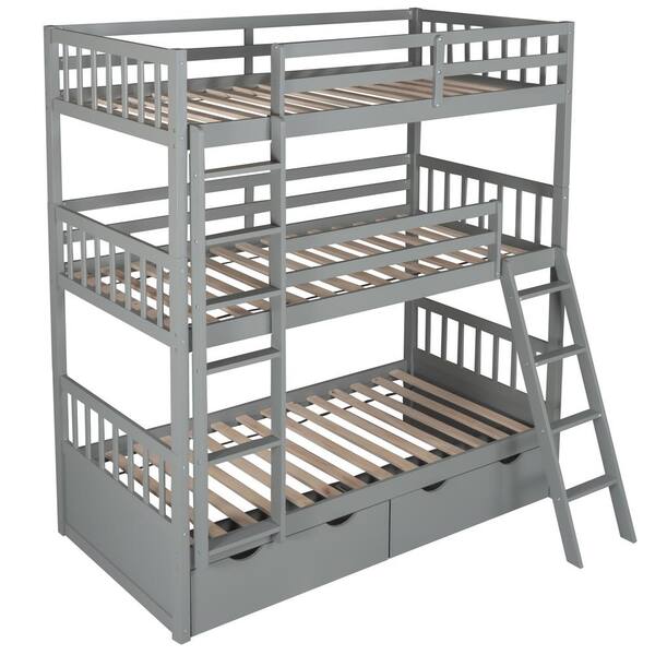 Qualler Gray Twin Size Adjustable Triple Bunk Bed with 2-Drawers ...