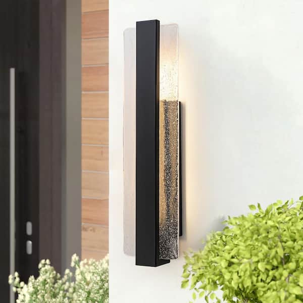 23.1 in. Bubble Seeded Glass Integrated LED Black Hardwired Aluminum Outdoor Lantern Wall Light Sconce