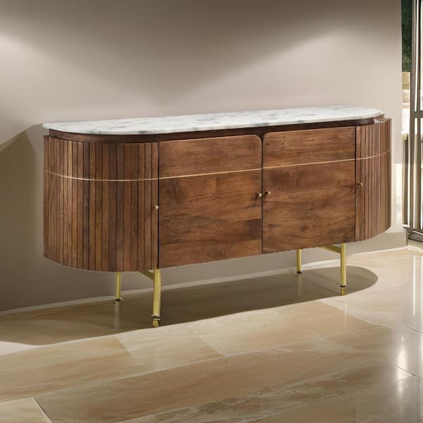 Evi Brown and White Curved Marble Top 63 in. Sideboard Cabinet