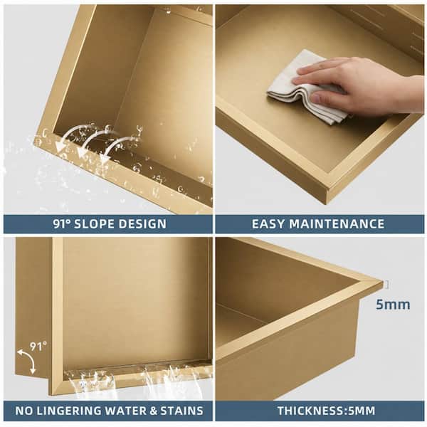 8 in. W x 36 in. H x 4 in. D Waterproof Recessed Shower Niche Storage Shelf in Brushed Gold, No Tile Needed