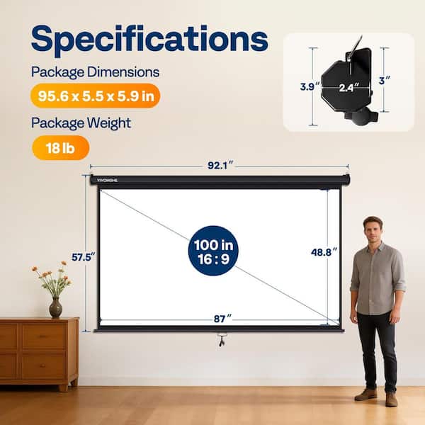 VIVOHOME 100 in. Manual Pull Down Projector Screen in Black wal