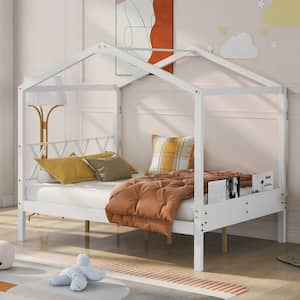 White Full Size Wood House Bed with Headboard and Storage Footboard