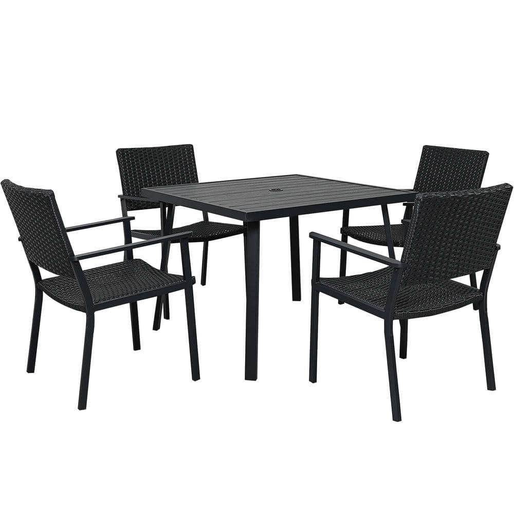 Black Iron Frame 5 Pieces All-Weather Black Wicker Outdoor Patio Dining Table Set with Umbrella Hole and 4 Dining Chairs