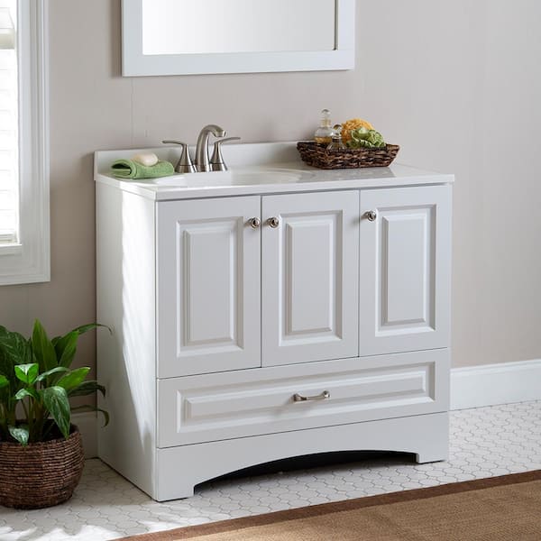 Glacier Bay Lancaster 37 in. W x 19 in. D x 35 in. H Raised Panel Freestanding Bath Vanity in White with White Cultured Marble Top