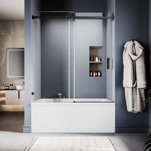 UNIKOO UKS05 56 to 60 in. W x 66 in. H Sliding Frameless Bathtub Door in Matte Black with EnduroShield 3/8 in. SGCC Clear Glass