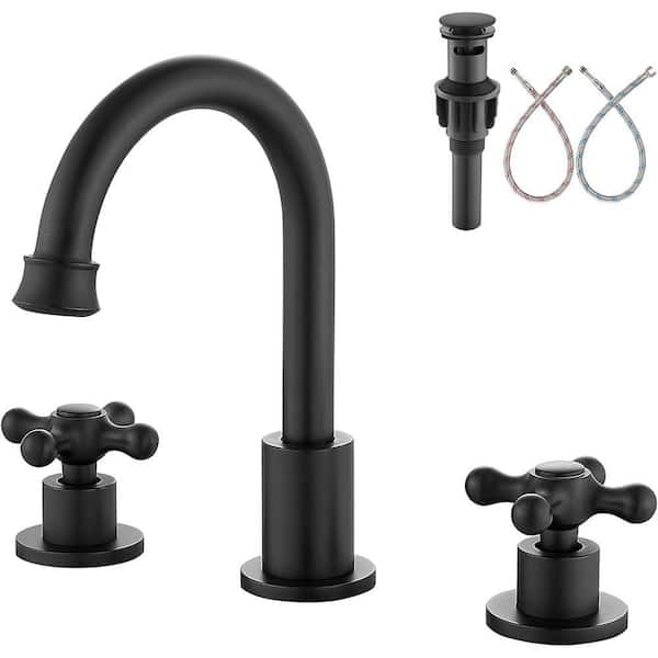 Double-Cross Handle Vessel Sink Faucet Deck Mount with Pop-Up Drain in Matte Black