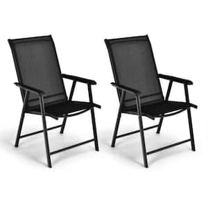 Iron Outdoor Dining Chair Patio Folding Chair in Black with Ergonomic Armrests (Set of 2)