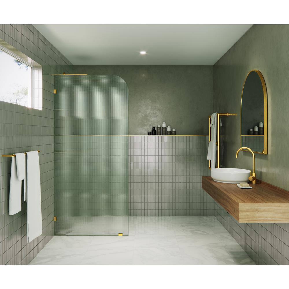 Aurora 34" x 78" Fluted Frosted Glass Frameless Shower Panel with Satin Brass Hardware
