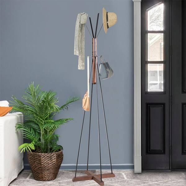 Amucolo Brown Wood and Metal Freestanding Coat Rack with Hooks  YeaD-CYD0-CEZ2 - The Home Depot