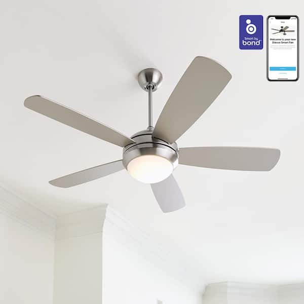 Discus Smart 52 in. Modern Integrated LED Indoor Brushed Steel Ceiling Fan with Silver Blades, Light Kit and Remote