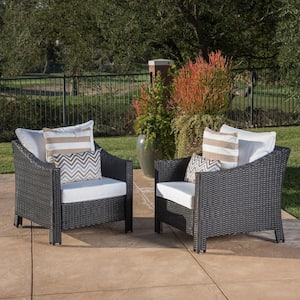 Black Iron-Framed Faux Rattan Outdoor Lounge Chairs with White Cushion (2-Pack)