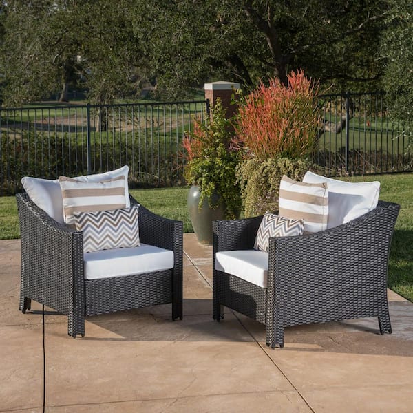 Noble House Black Iron-Framed Faux Rattan Outdoor Lounge Chairs with White Cushion (2-Pack)