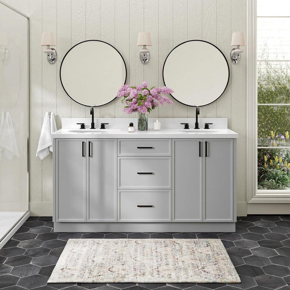Kelly 66 in. Double Sink Freestanding Bathroom Vanity in Gray with Pure White Quartz Top price history on PriceWatchPro