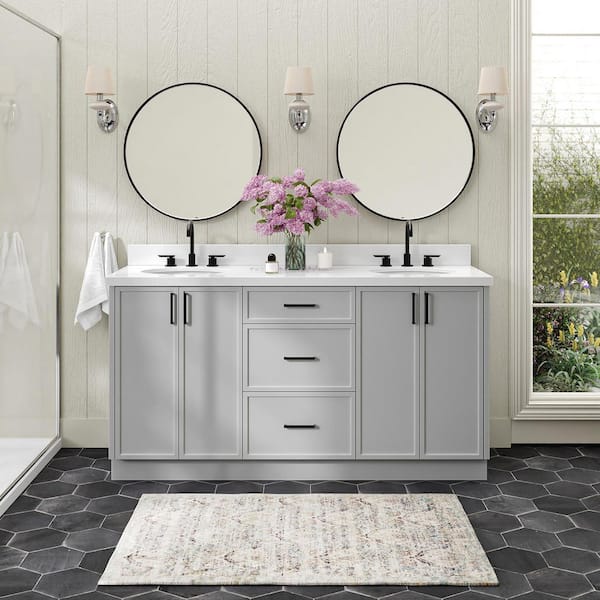 ARIEL Kelly 66 in. Double Sink Freestanding Bathroom Vanity in Gray with Pure White Quartz Top