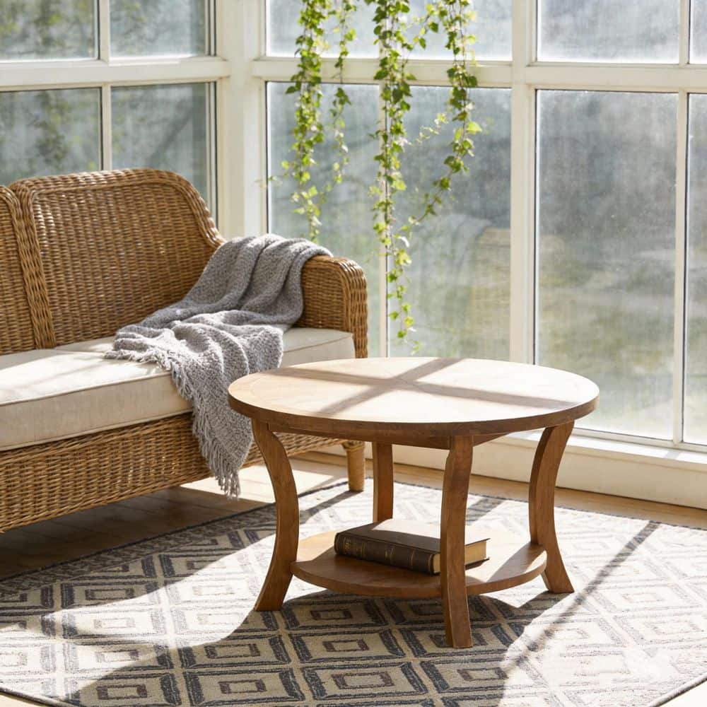 Allan 31.5 in. Brown 2-Tier Round Solid Wood Coffee Table Accent Center Table with Storage & Sturdy Base for Living Room