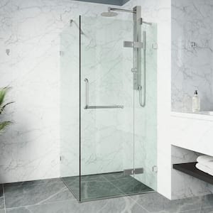 Monteray 46 in. x 34 in. x 73 in. Rectangular Pivot Frameless Corner Shower Enclosure in Brushed Nickel with Clear Glass
