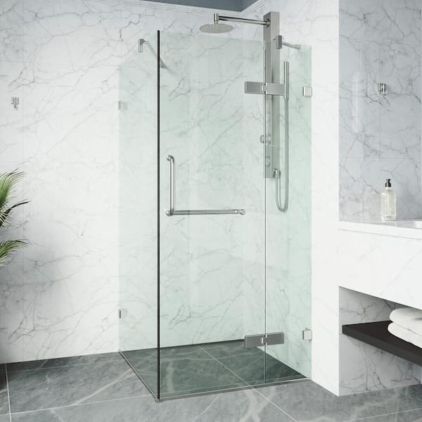 VIGO Monteray 34 in. L x 46 in. W x 73 in. H Frameless Pivot Rectangle Shower Enclosure in Brushed Nickel with Clear Glass