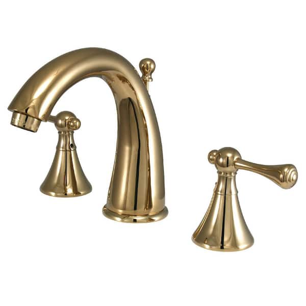 Kingston Brass English Country 8 in. Widespread 2-Handle Bathroom Faucets with Brass Pop-Up in Polished Brass