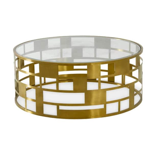 Benjara 43.3 in. Gold Round Glass Top Coffee Table