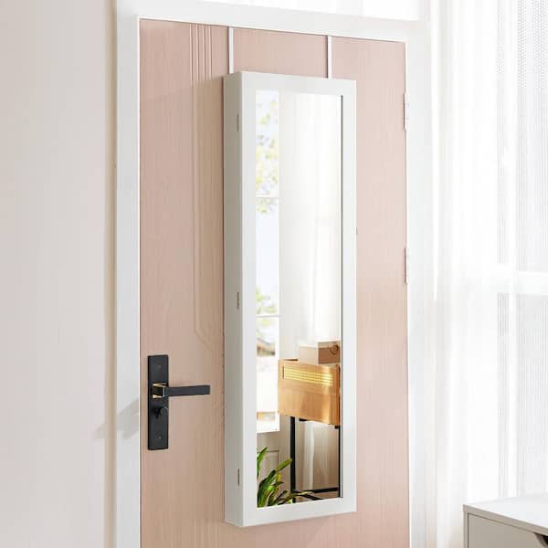 WONDER COMFORT White Wood Wall or Door Mounted 14 in. W Lockable Jewelry Armoire with Full Length Mirror