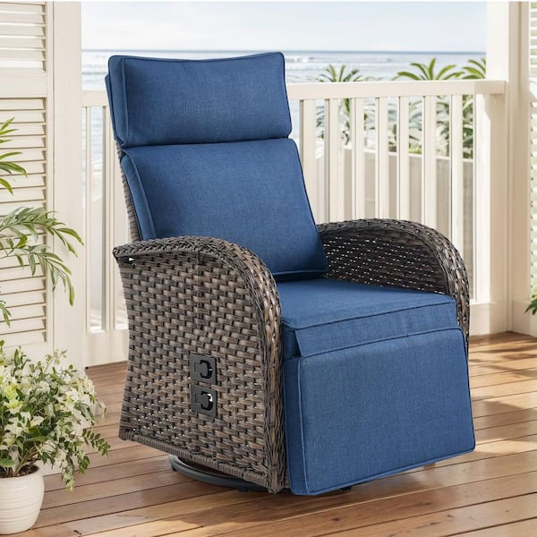 Brown 1-Piece Wicker Outdoor Recliner with Olefin Blue Cushions and Flat Armrests Patio Swivel Chair