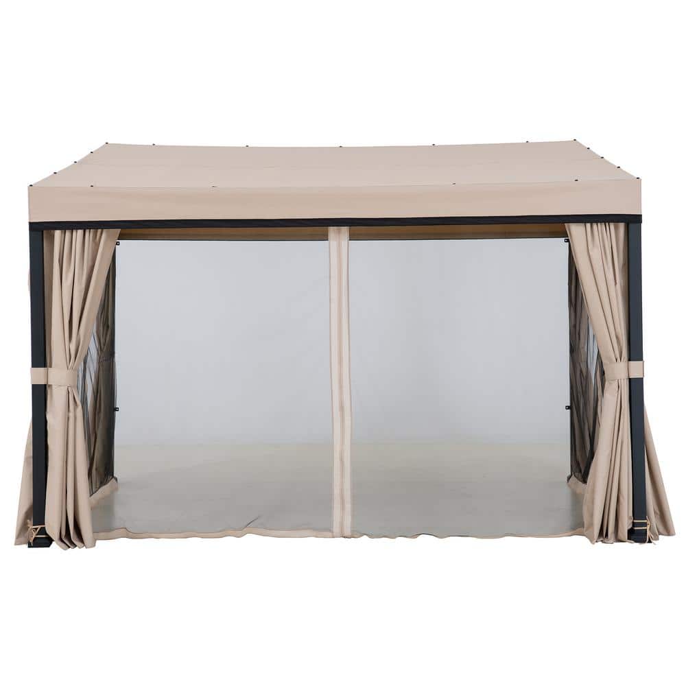 Sunjoy 10 x 12 ft Beige Aluminum Wall-Mounted Gazebo with Curtains