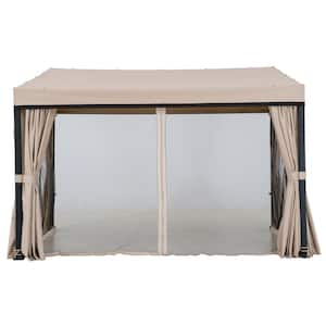 10 ft. x 12 ft. Lean to Soft Top Metal Frame Wallmounted Gazebo with Curtain and Netting for Backyard