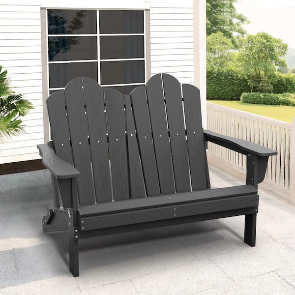 JEAREY Classic Gray Plastic Adirondack chair 2-Person Outdoor Loveseat with Foldable Design