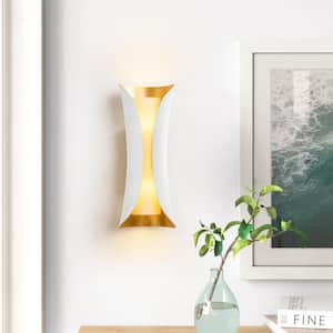 Croner 15.7 in. 2-Light White Modern Gold Leaf Vanity Light with Opal Matte Acid Etched Glass Shade with Bulbs Included