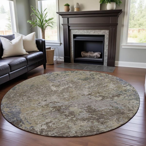 Mayfield Premium Machine Washable Abstract AMF1162 Beige 8 ft. x 8 ft. Round Rug