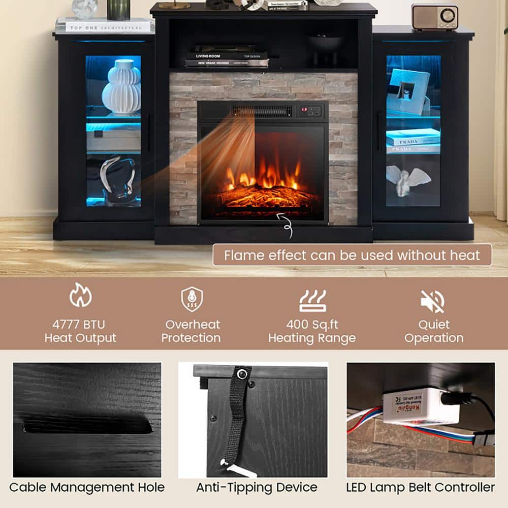 Black MDF TV Stand with Fireplace and LED Lights for 65-inch TVs