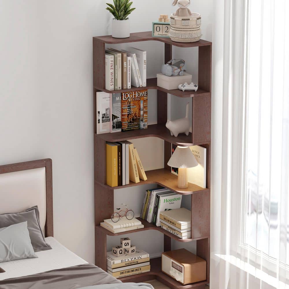 Capron 64.57 in. Ox Blood Red Wood L-Shaped 5-Tier Bookcases, Open Storage Rack Organizer for Home Office price history on PriceWatchPro