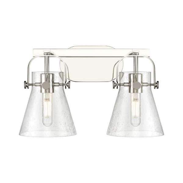 Pilaster II Cone 17 in. 2-Light Polished Nickel Vanity Light with Glass Shade