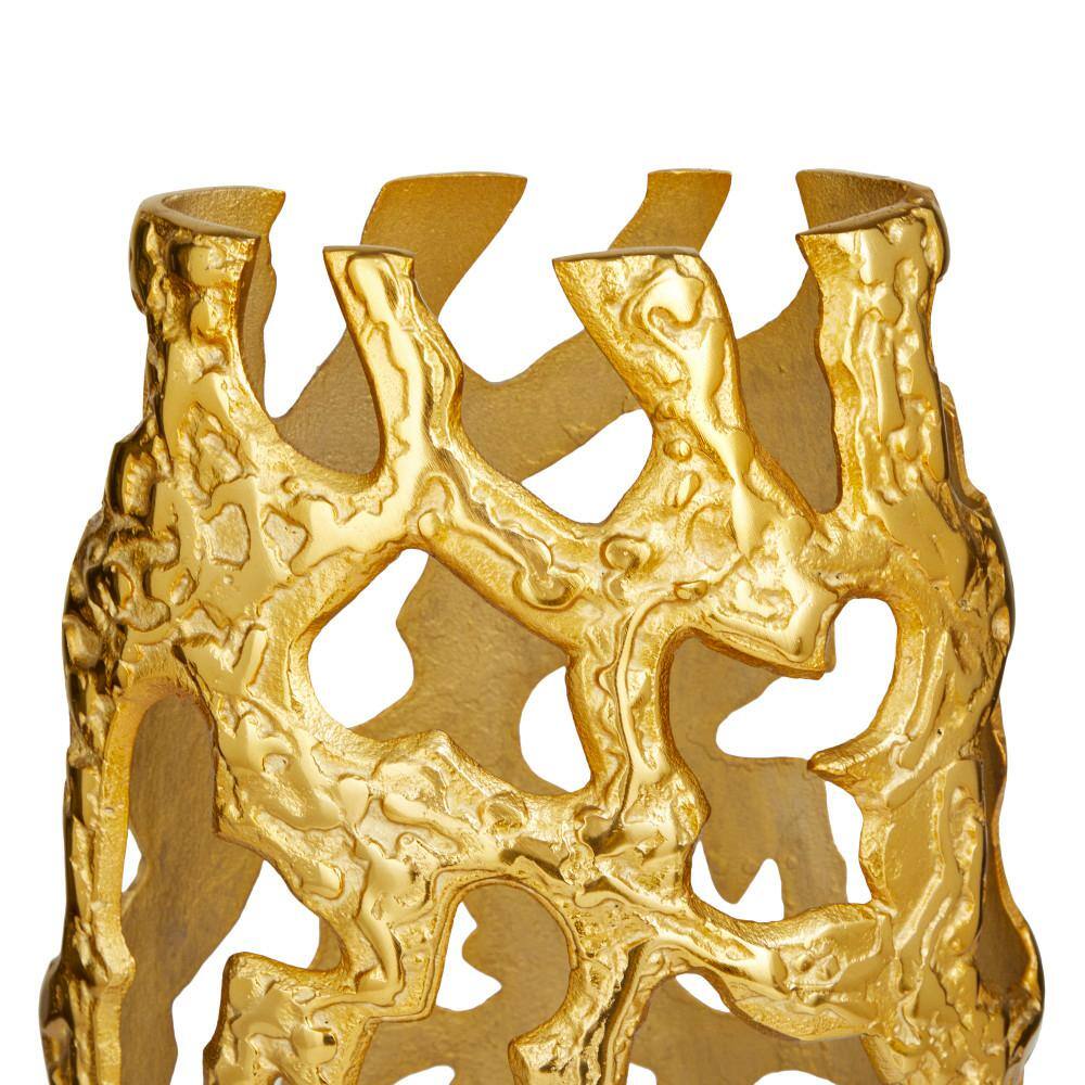 Tall Gold Aluminum Metal Decorative Vase with Cutout Design