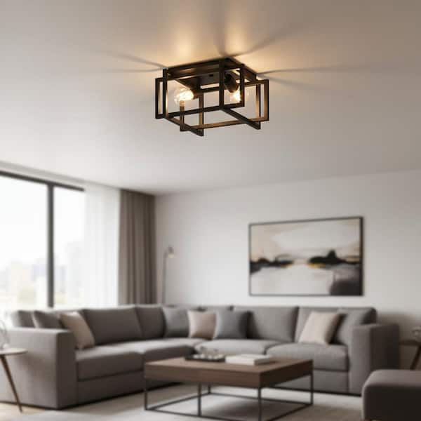 11.5 in. 2-Light Matte Black Square Frame Flush Mount Ceiling Light Fixture, Hallway Light Fixtures Ceiling